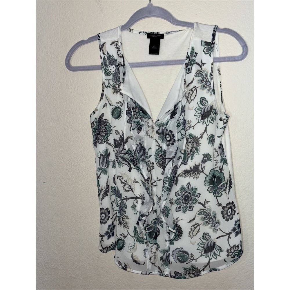 Ann Taylor Factory Sleeveless Blouse Small Petite White Floral Ruffle Neck